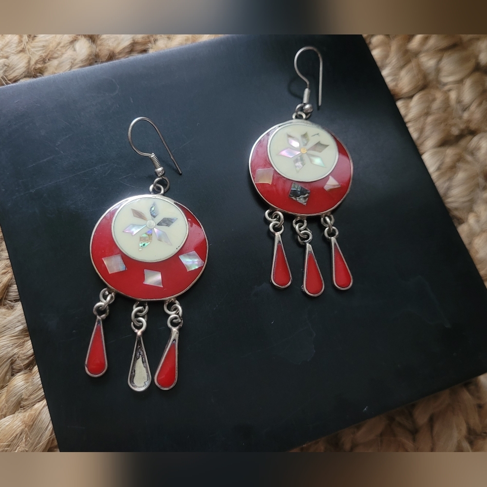 Vtg Mexican Handcrafted Inlay Earrings, Abalone, Red & Silver